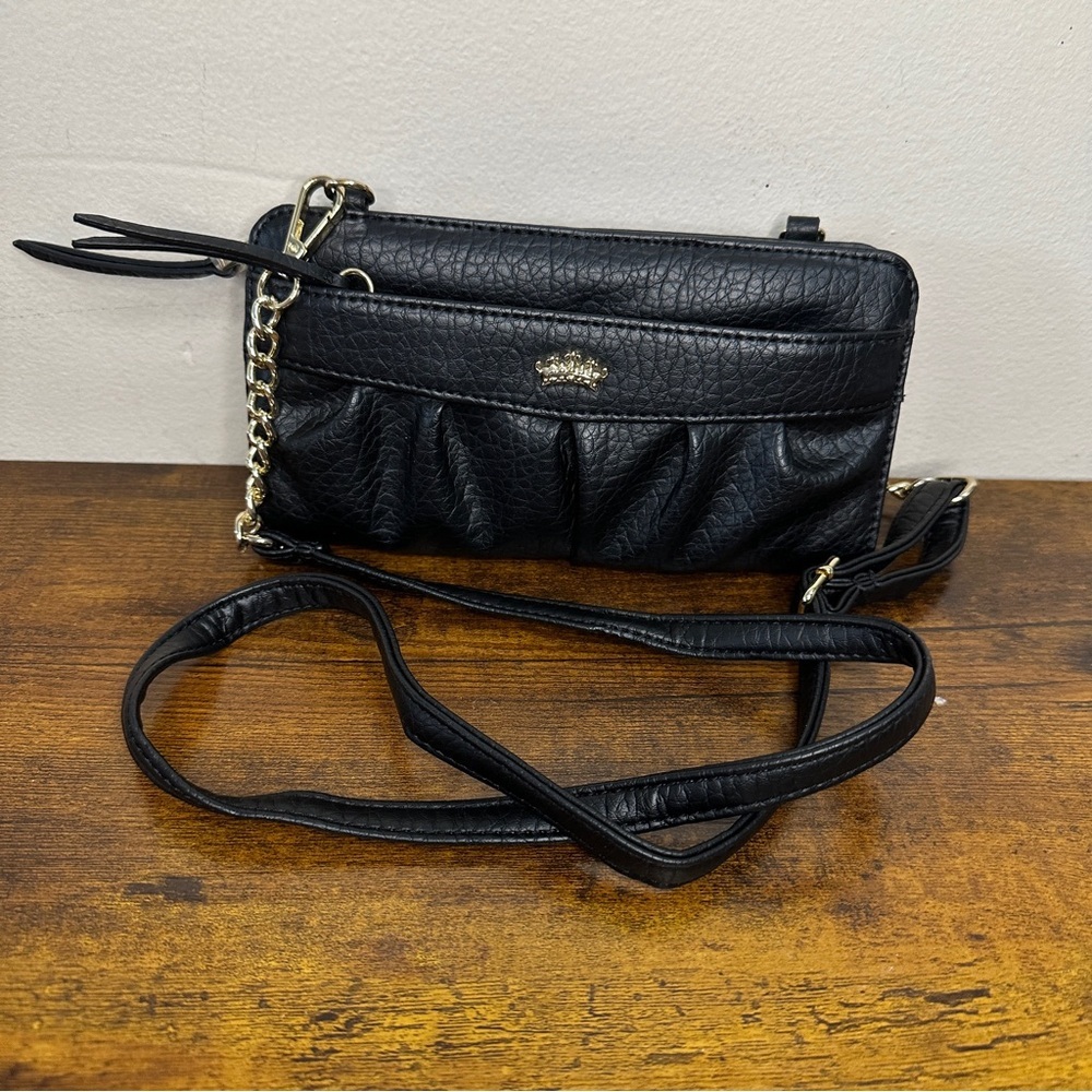 Juicy Couture Black Faux Leather Crossbody Wallet Bag Gold Crown Pink Interior